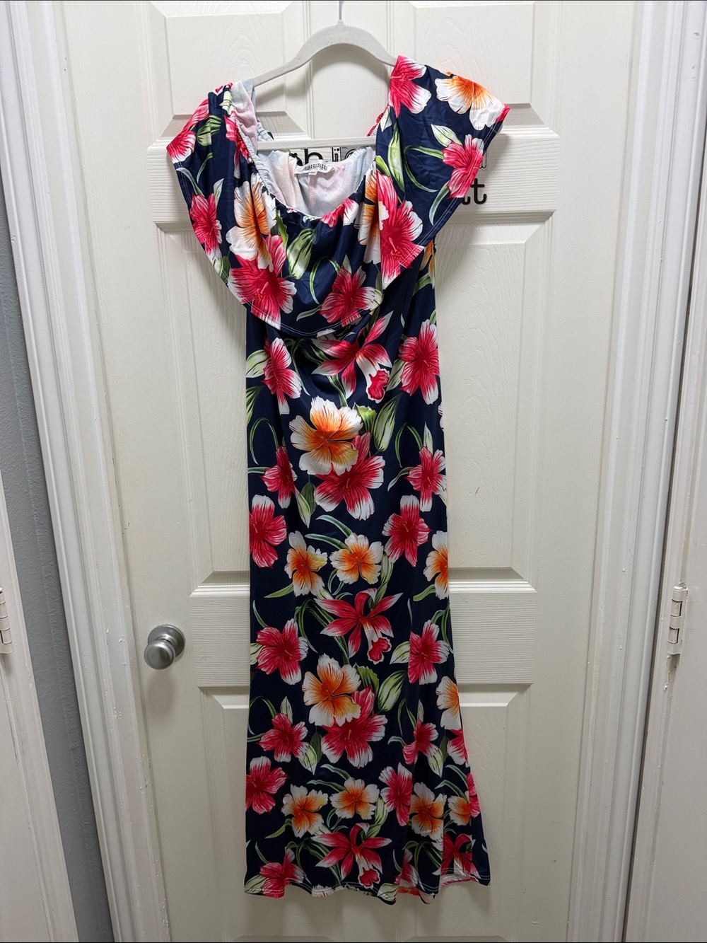 Navy Floral Maxi Dress with Pink & Yellow Blooms